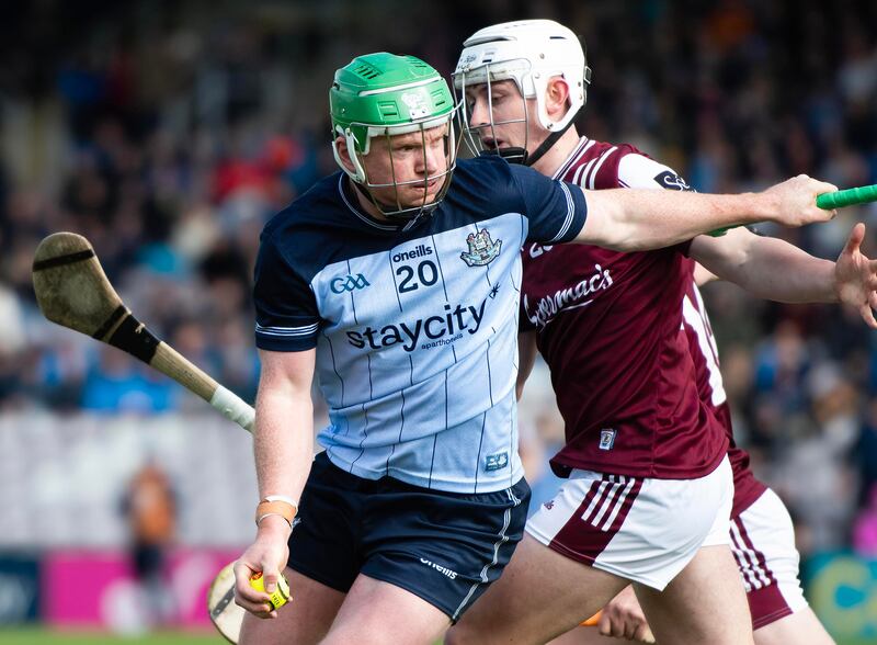 Dublin’s Conor McHugh in action against  and Galway’s Colm Molloy in Salthill. Photograph: Evan Logan/Inpho