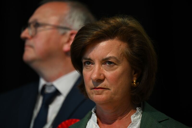 Welsh first minister Eluned Morgan reacts after  losing her seat at Ysgol Bro Teifi in Llandysul, Wales. Photograph: Finnbarr Webster/Getty Images