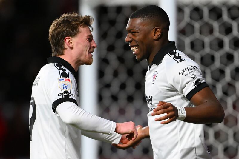 Sinclair Armstrong celebrates scoring for Bristol City against Portsmouth. Photograph: Simon Galloway/Getty Images