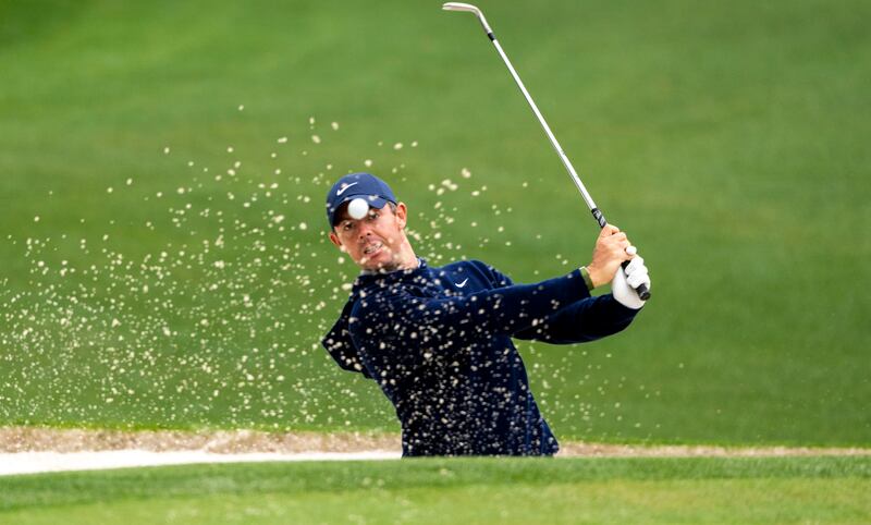 Rory McIlroy hitting from a bunker on the 2nd hole during a practice round for the Masters on Monday. Photograph: Doug Mills/The New York Times