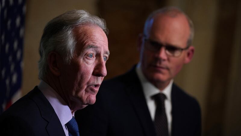 Senior US Democrat Richard Neal (left) and  Minister for Foreign Affairs Simon Coveney at  the Department of Foreign Affairs in Dublin today. Photograph: Niall Carson/PA Wire