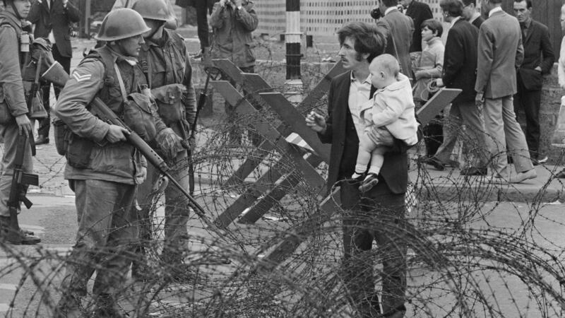 Soldiers and civilians in Northern Ireland during the Troubles in  August 1969. Photograph: Evening Standard/Hulton Archive/Getty Images