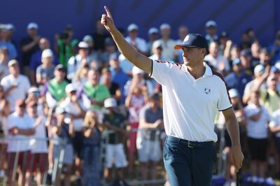 Ludvig Åberg celebrates the 9&7 win that he and Viktor Hovland had against Scottie Scheffler and Brooks Koepka in the Saturday foursomes matches in Rome. Photograph: Jamie Squire/Getty Images)