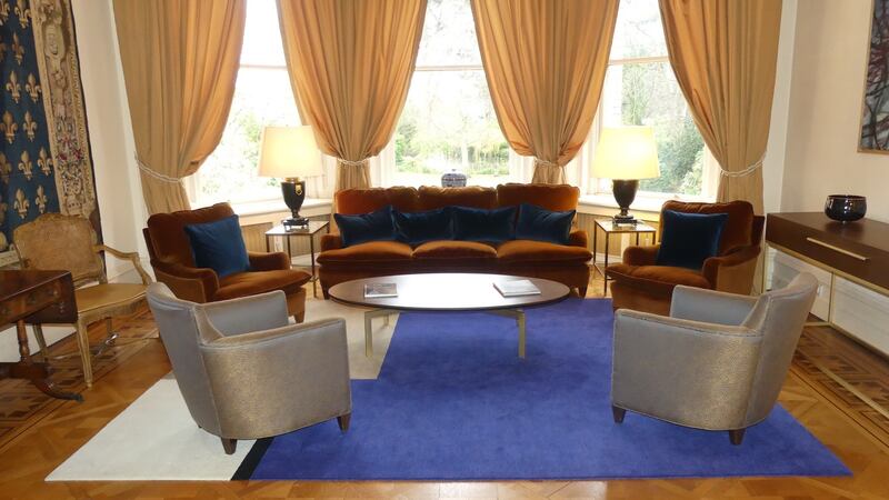 Roquebrune rug  in shades of blue, grey and white by Eileen Gray at the French embassy in Dublin.