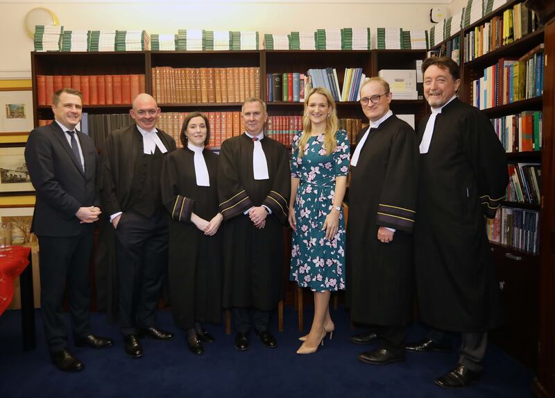 Minister for Justice Helen McEntee with the president of the High Court Mr Justice David Barniville (fourth from left), Mr Justice Richard Humphreys (second from right), Mr Justice David Holland (right), Ms Justice Emily Farrell and Attorney General Rossa Fanning SC (second from left) at the launch of the new High Court Planning and Environment Court launched earlier this month at the Four Courts in Dublin. Photograph: Sasko Lazarov/Photocall Ireland
