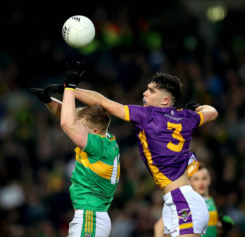 Kilmacud’s Theo Clancy and Alex Doherty of Glen in action during the AIB GAA All-Ireland senior club football championship final at Croke Park. Photograph: INPHO/Ryan Byrne