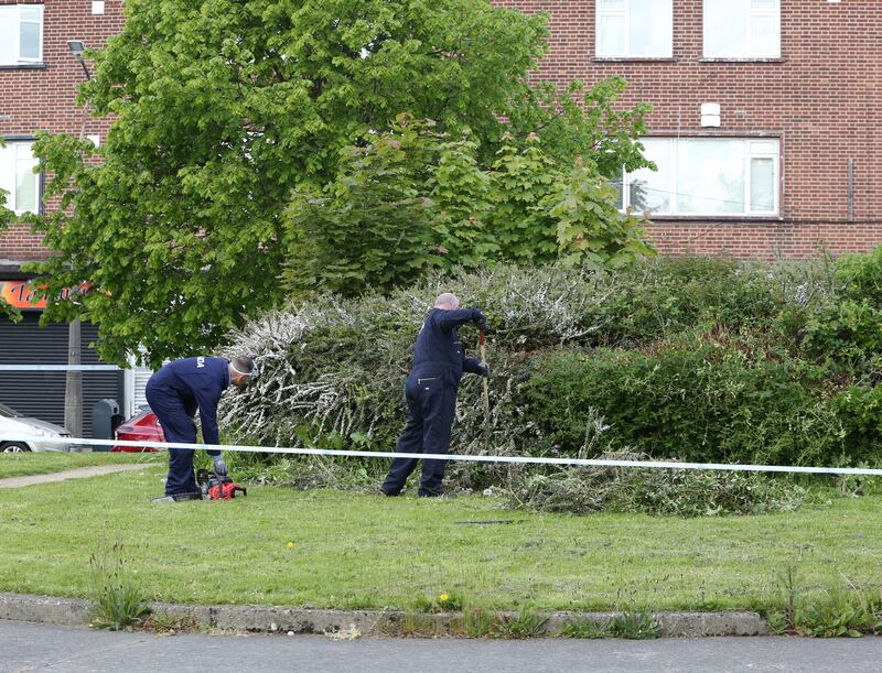 Gardaí search the scene on La Touche Road in Bluebell, Dublin. Photograph: Gareth Chaney/Collins Photos