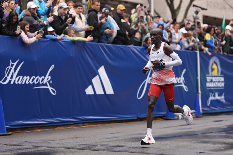 Eliud Kipchoge in action during the Boston Marathon on Monday. Photograph: Maddie Meyer/Getty Images