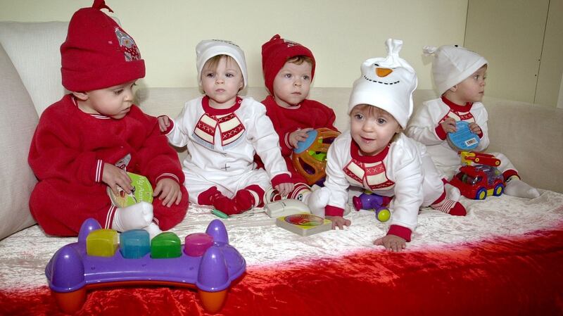 The Cassidy quintuplets Conor, Derbhail, Cian, Amy and Rory were in the Morrison Hotel, Dublin, in 2002  at the launch a  VHI Healthcare web site for parents. Photograph: David Sleator