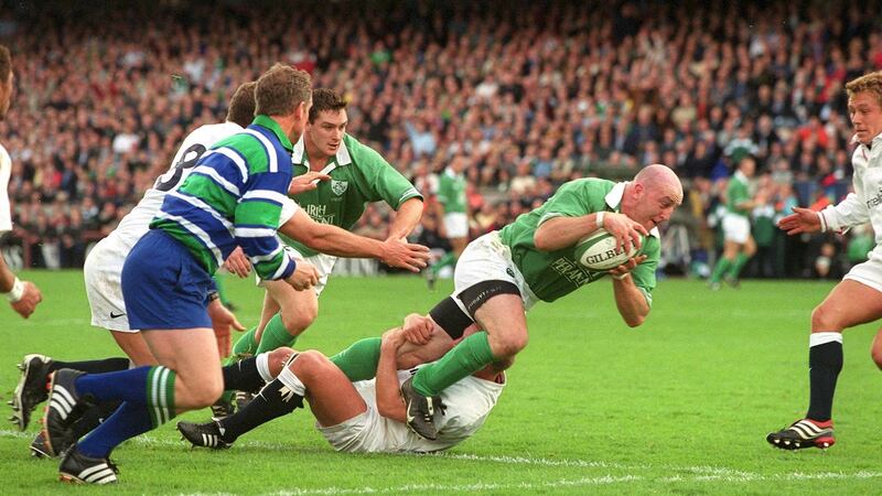 Keith Wood scores a try for Ireland in the rescheduled Six Nations game against England in 2001. Photograph:  Lorraine O’Sullivan/Inpho