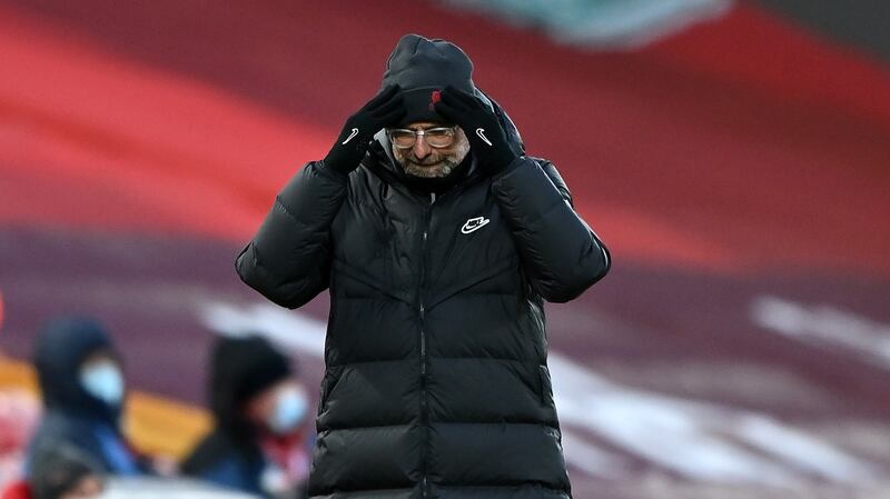 The anguish was writ large on Liverpool manager Jürgen Klopp during their 4-1 defeat to Manchester City at Anfield in February. Photograph: Laurence Griffiths/Getty Images