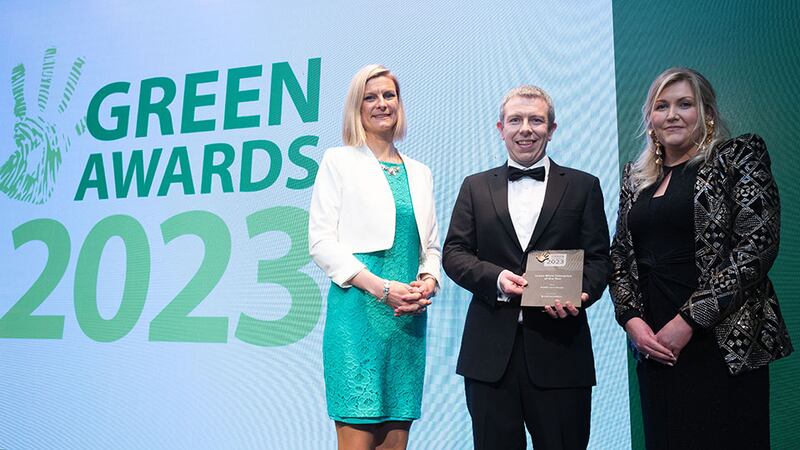 Minister Pippa Hackett and Sharon Doyle, head of HR and corporate affairs, Bord na Móna, present the Green Micro Enterprise of the Year award to Martin Wisely, Refillz Zero Waste.