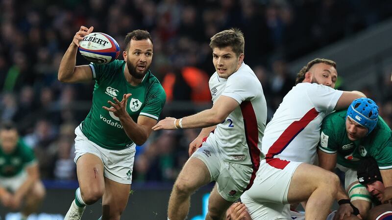 Ireland scrumhalf  Jamison Gibson-Park  breaks clear of England’s Harry Randall during the Guinness Six Nations match at  Twickenham. Photograph:  David Rogers/Getty Images