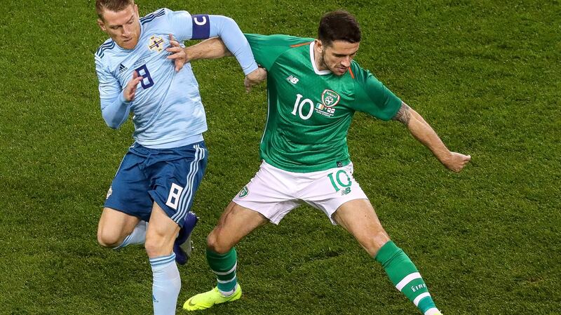 Northern Ireland captain  Steven Davis challenges  Robbie Brady during the friendly international at the Aviva stadium. Photograph: Tommy Dickson/Inpho