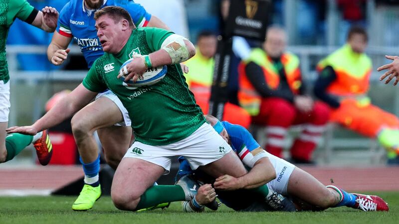 Ireland’s Tadhg Furlong is tackled by  Leonardo Ghiraldini of Italy during the Six Nations  match against Italy at the Stadio Olimpico in Rome. Photograph: Billy Stickland/Inpho