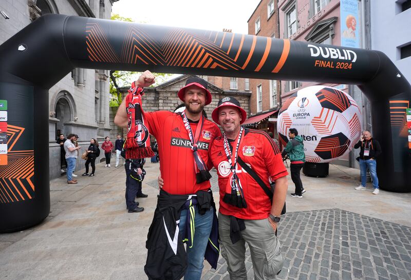 Bayer Leverkusen fans at Dublin Castle ahead of the Uefa Europa League final. Photograph: Niall Carson/PA Wire