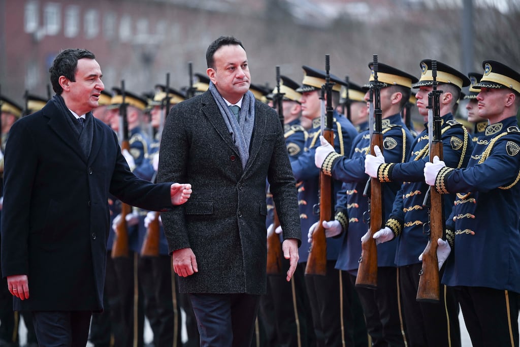 Kosovo's prime minister, Albin Kurti (L), and Taoiseach Leo Varadkar inspect the guard of honour in Pristina. Photograph: ARMEND NIMANI/AFP via Getty Images