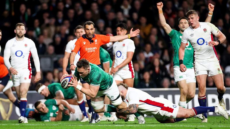 Ireland’s Jack Conan gets over for Ireland’s third try during the Guinness Six Nations match against England at Twickenham. Photograph: James Crombie/Inpho