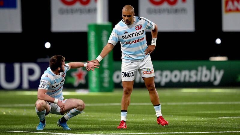 Simon Zebo and Louis Dupichot celebrate the Champions Cup win over Ospreys at the La Defense Arena in Paris. Photograph: Ryan Byrne/Inpho