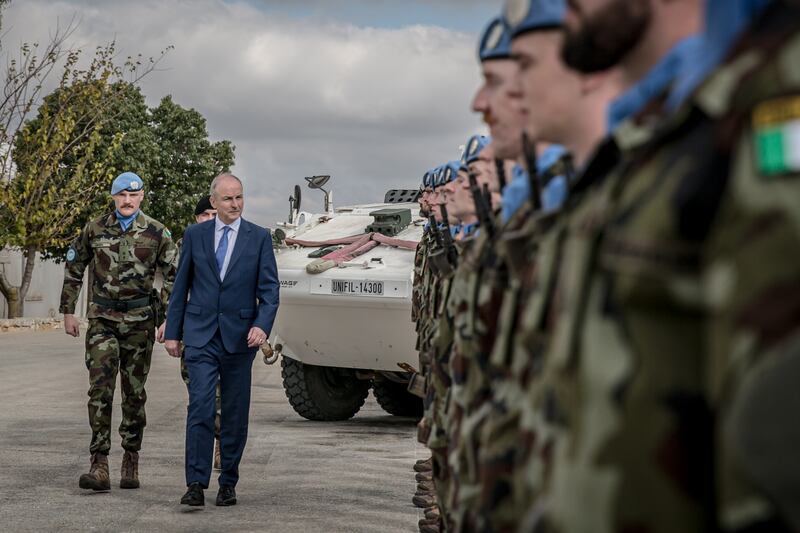 Taoiseach Micheál Martin in Camp Shamrock in Lebanon. Photograph: Sally Hayden