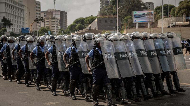 Riot police officers march in a Sunday parade in Ethiopia’s capital, Addis Ababa, on June 19th. Photograph: Finbarr O’Reilly/New York Times