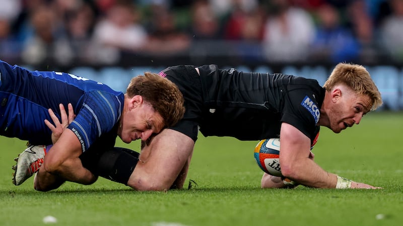 Leinster's Jordie Barrett tackles Kyle Steyn of Glasgow Warriors in last month's URC game. Photograph: Ben Brady/INPHO