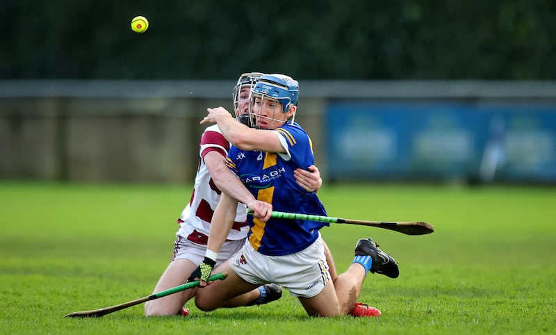 Slaughtneil’s Cathal Ó Mianáin and Kieran Hanrahan of Loughrea. Photograph: Ryan Byrne/Inpho