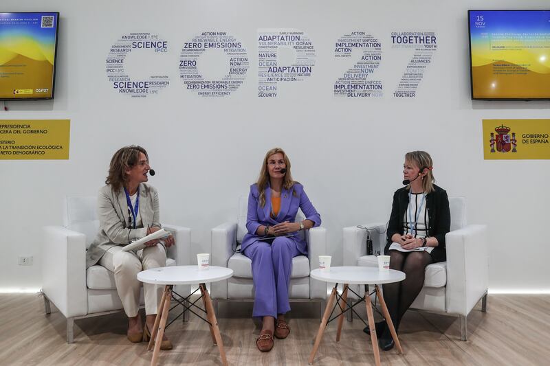 Mary Warlick, deputy executive director of  the International Energy Agency (centre), with then-Spanish environment minister Teresa Ribera and European commissioner for energy Kadri Simson, at COP 27. Photograph: European Pressphoto Agency