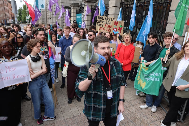 Bryan O'Mahony, AMLÉ president, at a protest at Leinster House over increases in student fees. Photograph: Dara Mac Dónaill/The Irish Times