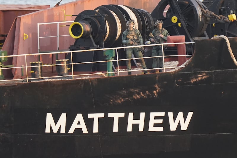 Military personnel onboard a cargo vessel named MV Matthew which was escorted into Cobh in Co Cork by the Irish Navy after a 'significant quantity' of suspected drugs were found onboard. Photograph: Niall Carson/PA Wire 