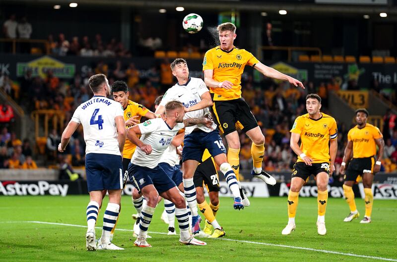 Wolverhampton Wanderers' Nathan Collins heads wide of the goal during the Carabao Cup second-round match against Preston North End at Molineux Stadium. Photograph: David Davies/PA Wire 