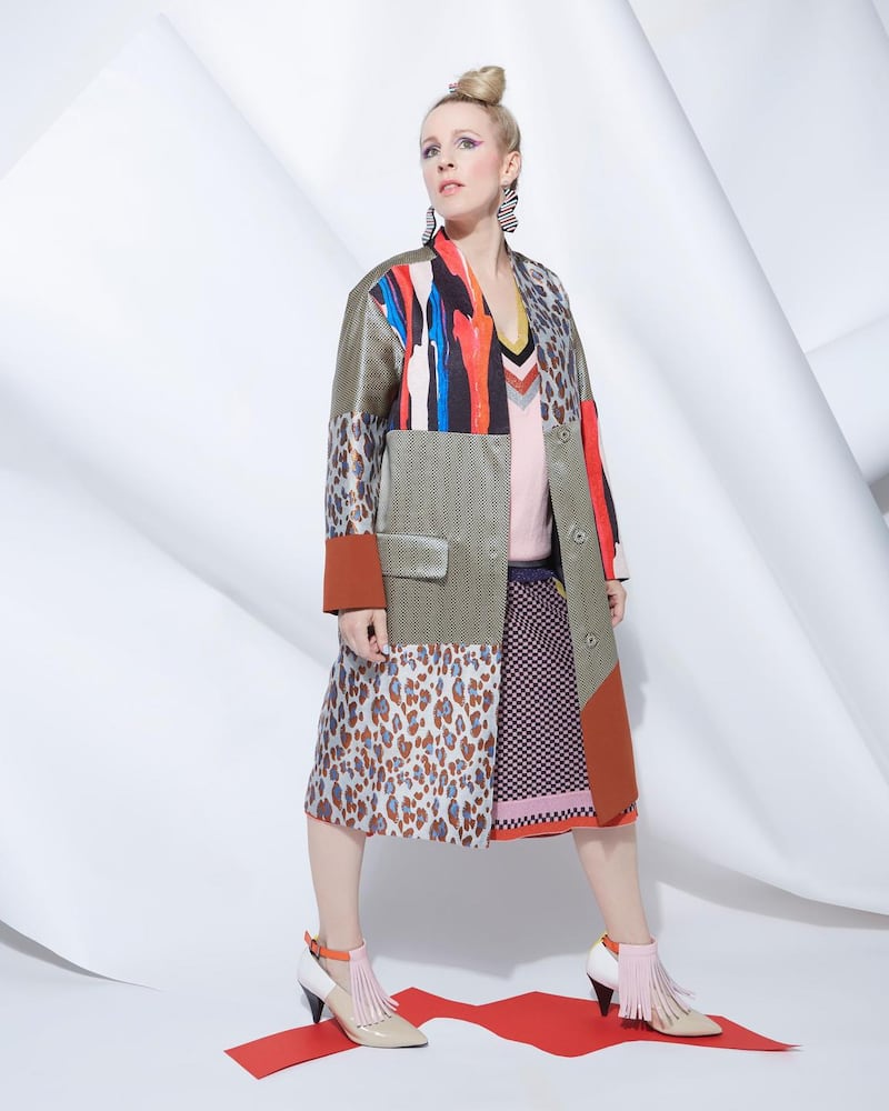 Joanne Hynes for Dunnes Stores: textile clash coat €170, pink V-neck Crazy About You jumper €90, racing-stripe skirt €90