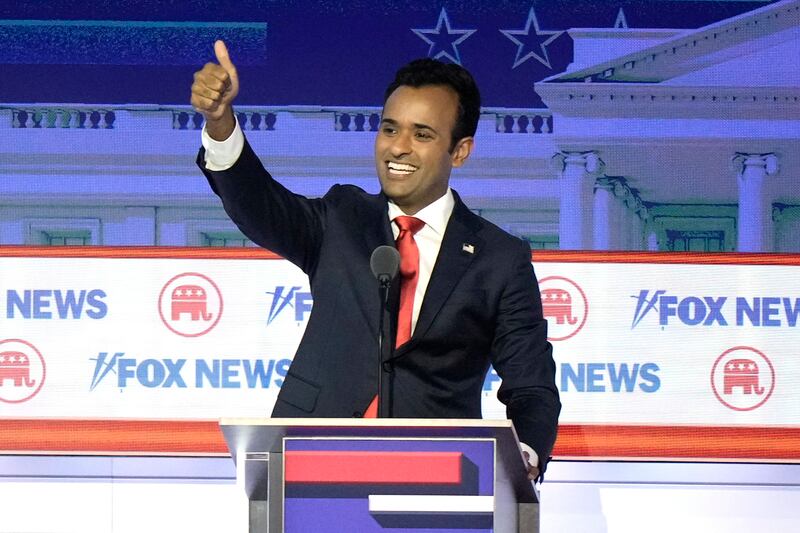 Businessman Vivek Ramaswamy: not only was he the first to raise his hand on backing a convicted Trump, he also pledged to pardon him on day one for any convictions. Photograph: Morry Gash/AP