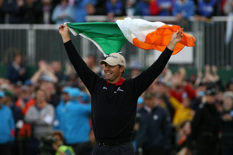 Pádraig Harrington celebrates his breakthrough Major win in the British Open at Carnoustie in 2007. Photograph: Paul Ellis/AFP/Getty Images 