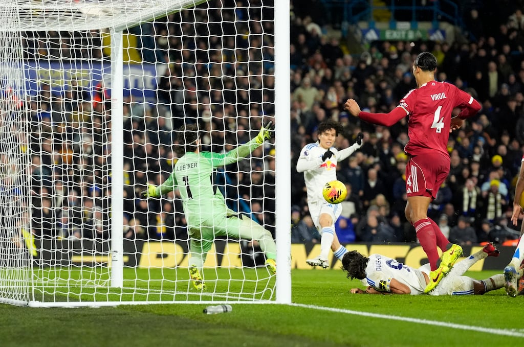 Leeds United's Ao Tanaka scores his side's third goal of the game. Photograph: Danny Lawson/PA