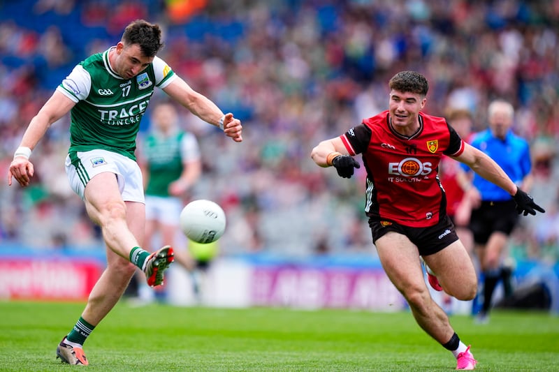 Fermanagh's Garvan Jones attempts a shot at goal. Photograph: James Lawlor/Inpho