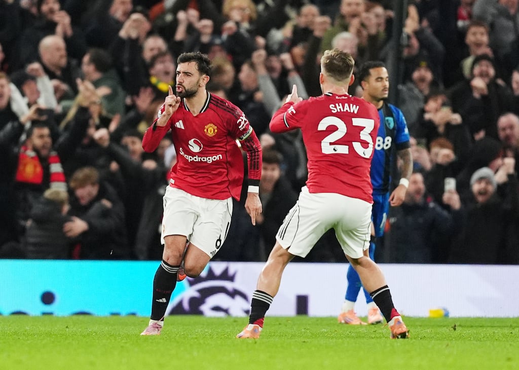 Manchester United's Bruno Fernandes celebrates scoring his side's third goal. Photograph: Martin Rickett/PA