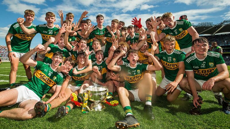 Kerry players celebrate after their   All-Ireland minor football championship final win over Galway last year – their fifth title in a  row at the grade. Photograph: Tommy Dickson/Inpho