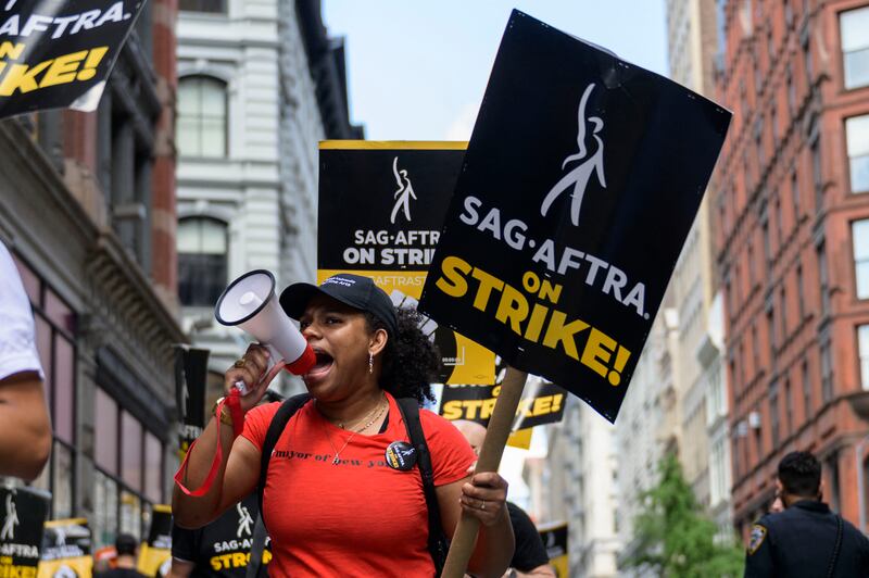 Writers Guild of America and the Screen Actors Guild members stage a picket line outside Netflix and Warner Bros Discovery in New York: In Ireland, the disparities between top stars and the majority of industry workers are dramatic. Photograph: Angela Weiss/AFP