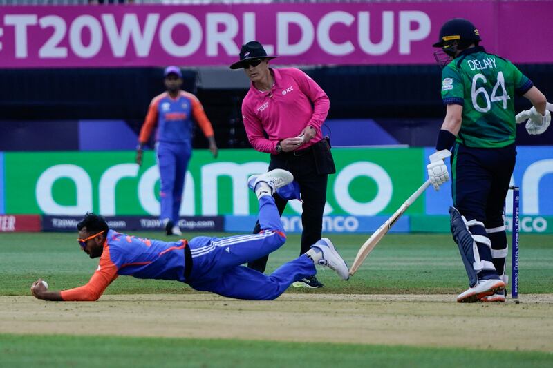 India's Axar Patel dives to catch Ireland's Gareth Delany during the game  at Nassau County International Cricket Stadium in East Meadow, New York. Photograph: Timothy A Clary/AFP via Getty Images