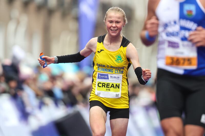 Ava Crean of Back 2 Boston Running Club A.C on her way to crossing the finish line to win the Women's national title at the 2025 Irish Life Dublin Marathon. Photograph: Bryan Keane/Inpho