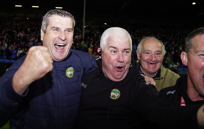 Offaly's Michael Duignan and Leo O`Connor. Photograph: James Lawlor/Inpho
