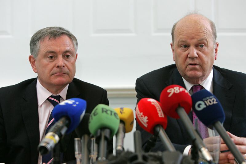 Then minister for public expenditure Brendan Howlin with then minister for finance Michael Noonan at a 2011 press conference relating to the EU/IMF bailout. Photograph: Frank Miller

