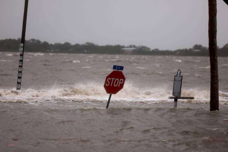 Rain and storm surge from Hurricane Debby inundate a neighbourhood  in Cedar Key, Florida, on Monday. Photograph: Joe Raedle/Getty 
