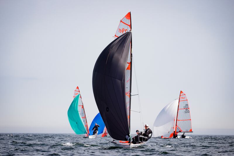 Clementine Van Steenberge (National Yacht Club) with crew Nathan Van Steenberge (Royal Irish Yacht Club) competing in the 29er class at the Investwise Irish Sailing Youth National Championships 2023 hosted by Howth Yacht Club. Photograph: David Branigan/Oceansport
