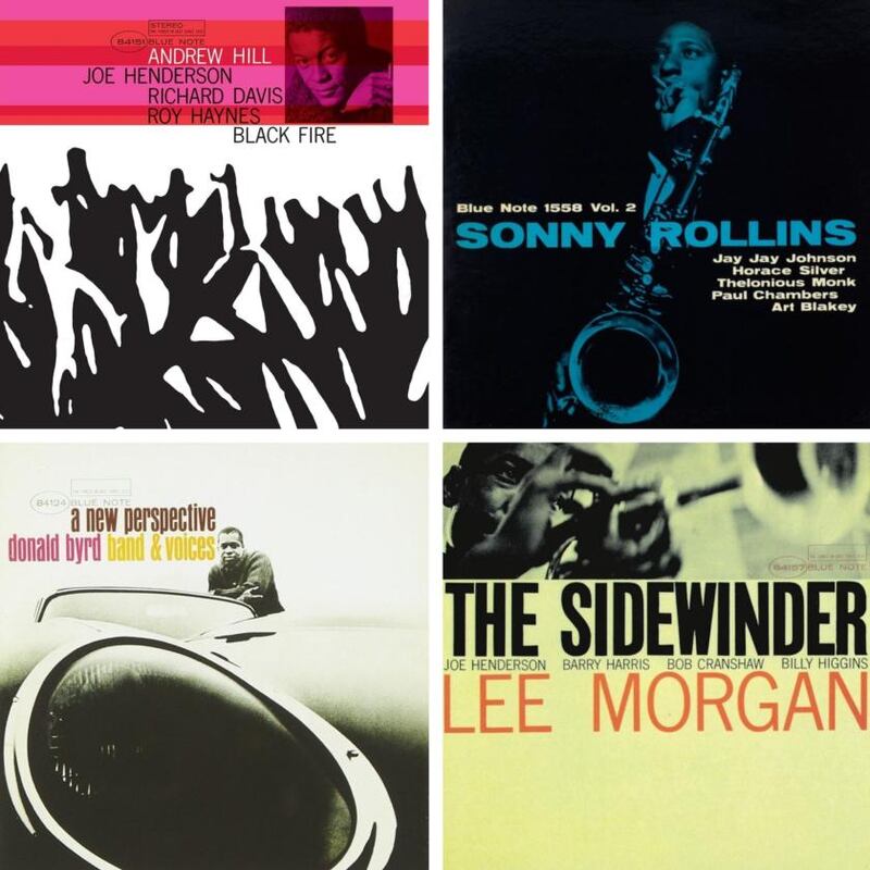 Blue Note covers: Black Fire, by Andrew Hill; Sonny Rollins Vol 2; A New Perspective, by Donald Byrd; and  The Sidewinder, by Lee Morgan