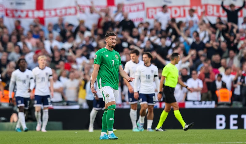 A dejected Matt Doherty after Ireland conceded the first goal against England at the Aviva in early September. Photograph: Ryan Byrne/Inpho