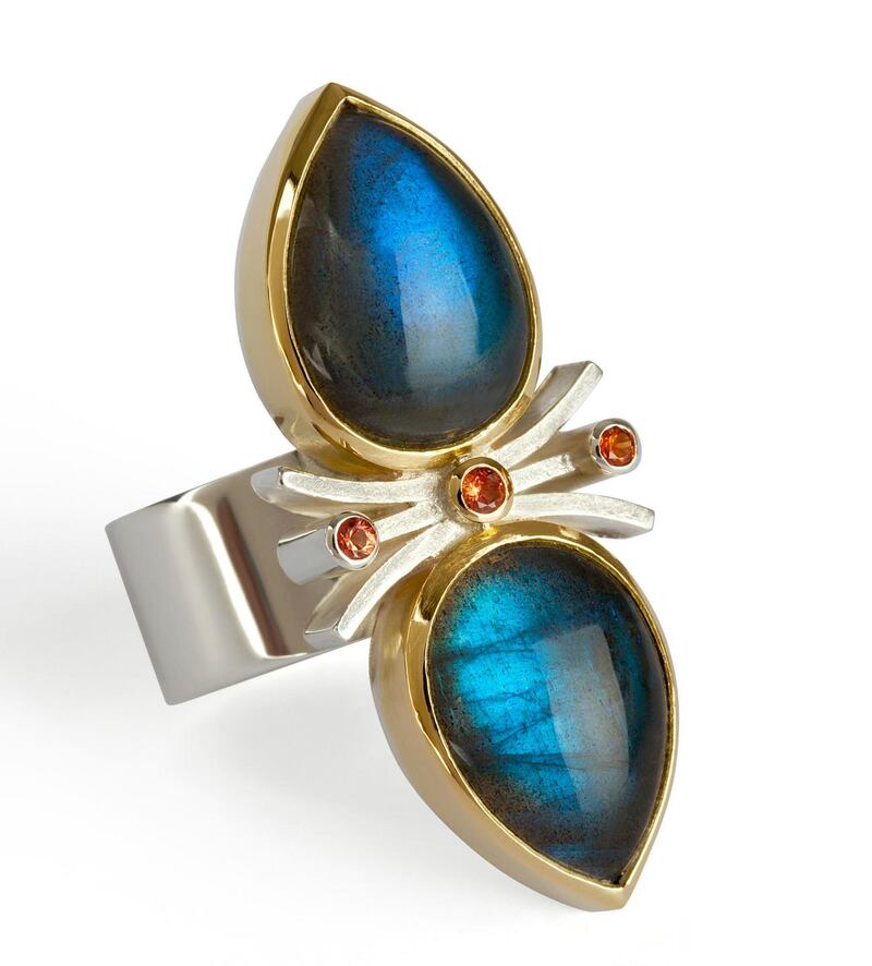 Forged silver and 18ct gold labradorite dress ring with orange sapphire by Yvone Ross €1,490