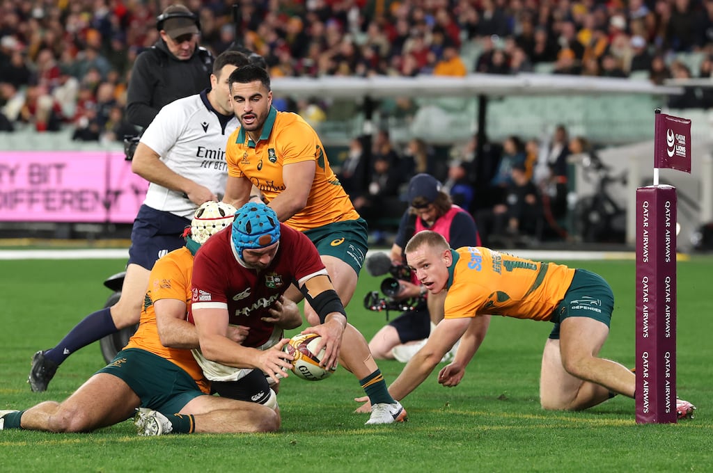 Tadhg Beirne of the Lions drives to the line to score his teams fourth try during the second Test. Photograph: David Rogers/Getty
