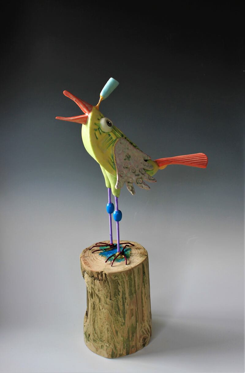Funny Bird by John Quinn of Bizarro Ceramics, who uses a variety of decorating techniques on his stoneware and porcelain. It can be seen at Made in Limerick, an art collective at 113 Henry Street, Limerick.